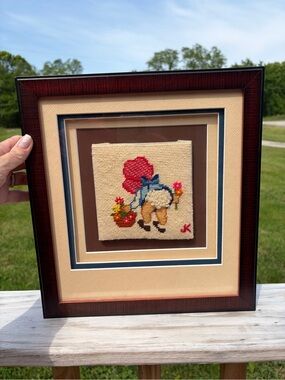 Needlepointers Finished/Completed Fancy Pants Framed Art 12”x 12” Bonnet Flower